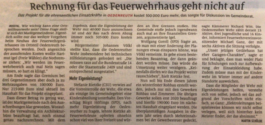 2019 Zeitungsbericht Feuerwehrhaus Oedenreuth klein